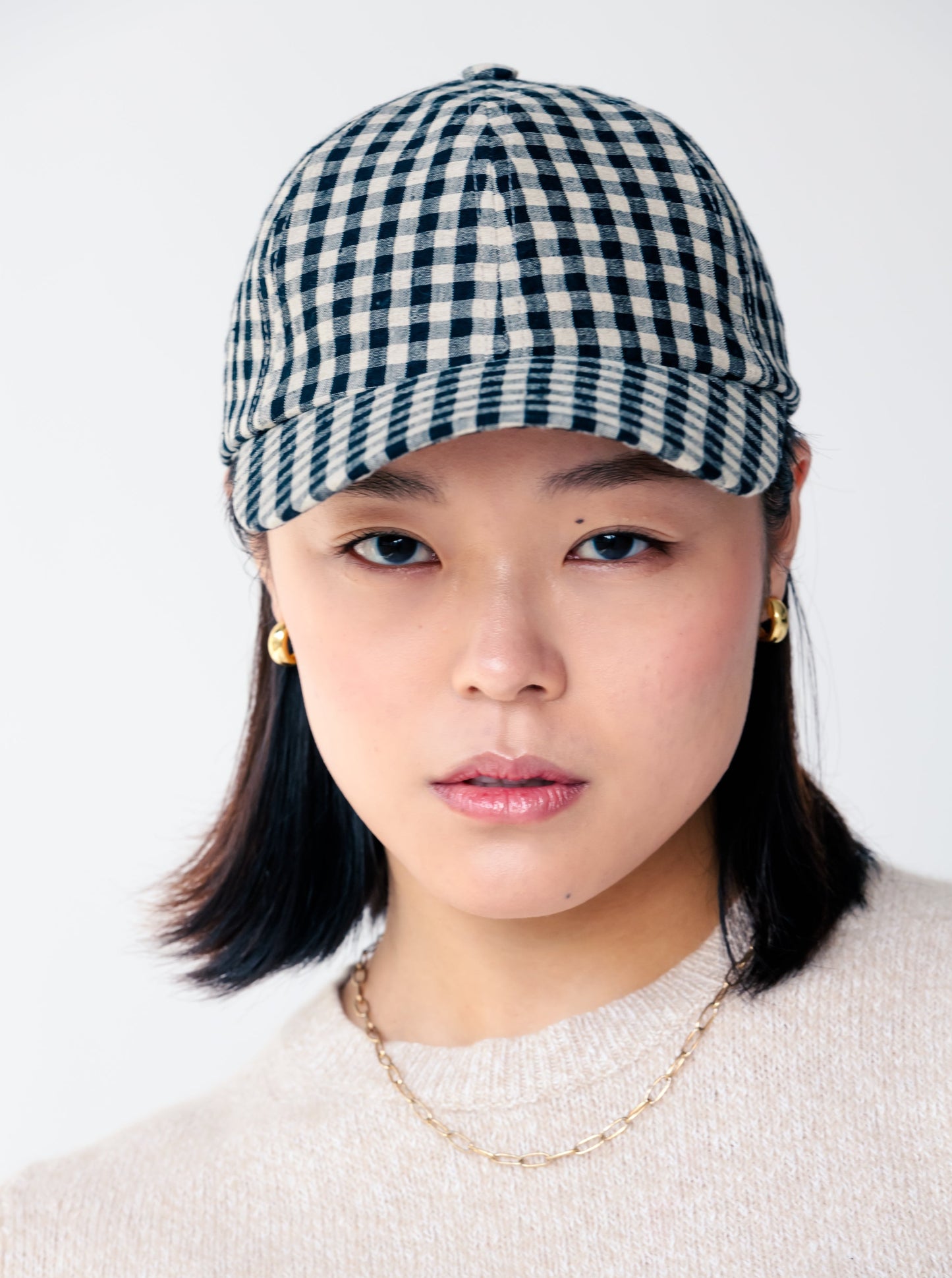 Linen Gingham Cap - Black