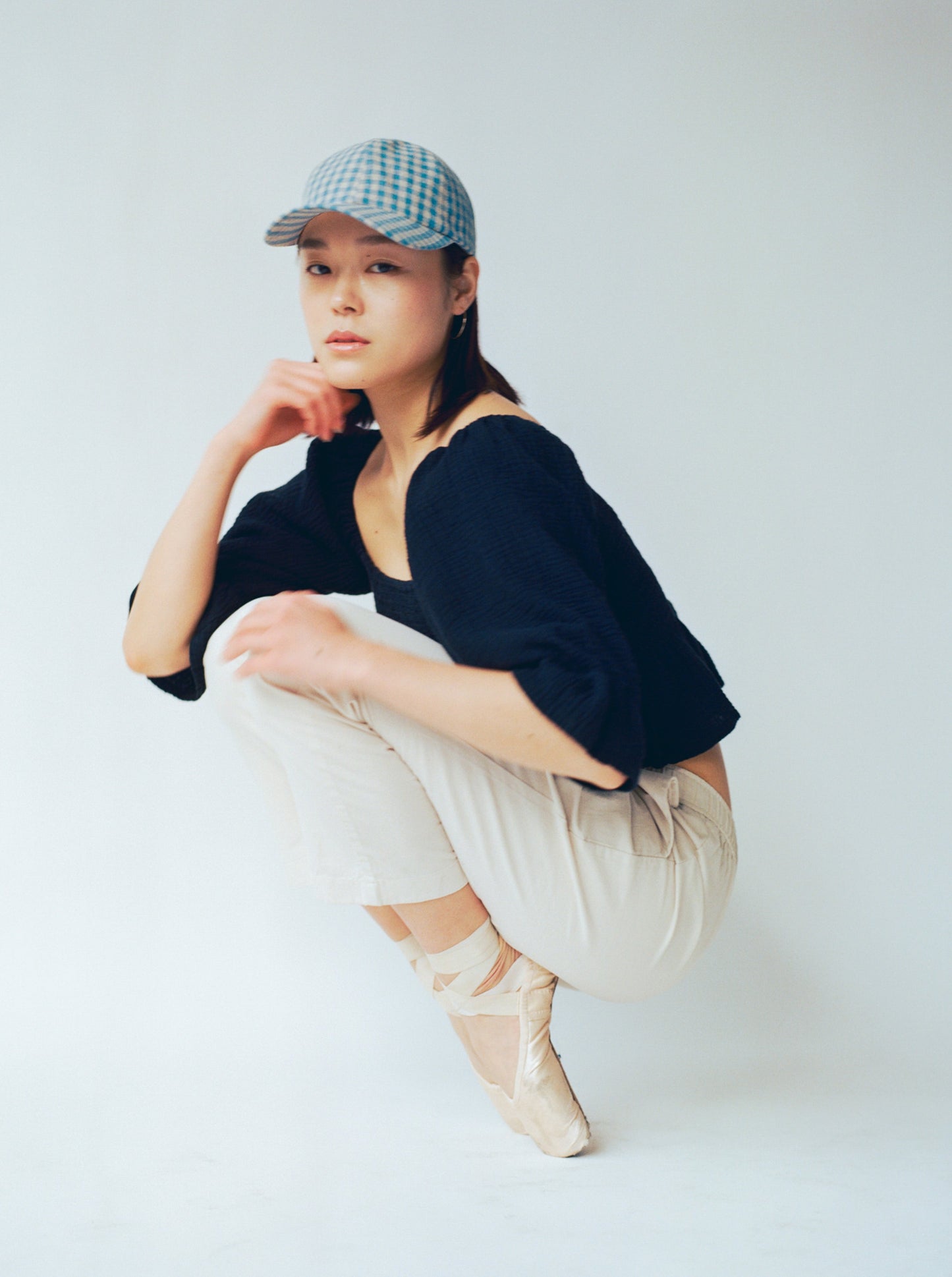 Linen Gingham Cap - Blue