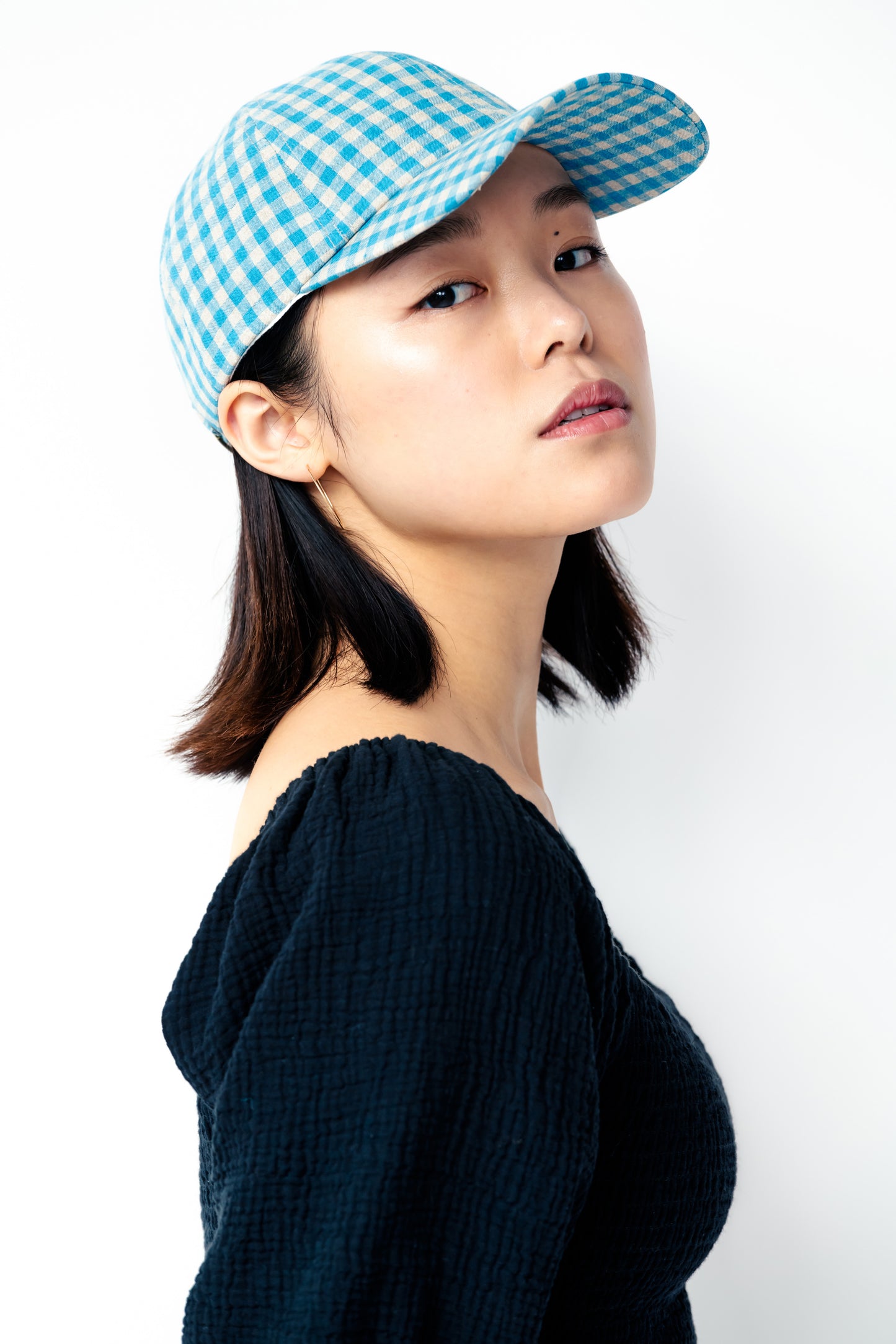 Linen Gingham Cap - Blue